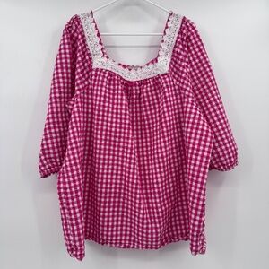 Woman Within Top Women 3X Pink Gingham Cottage Embroidered 3/4 Sleeves Square